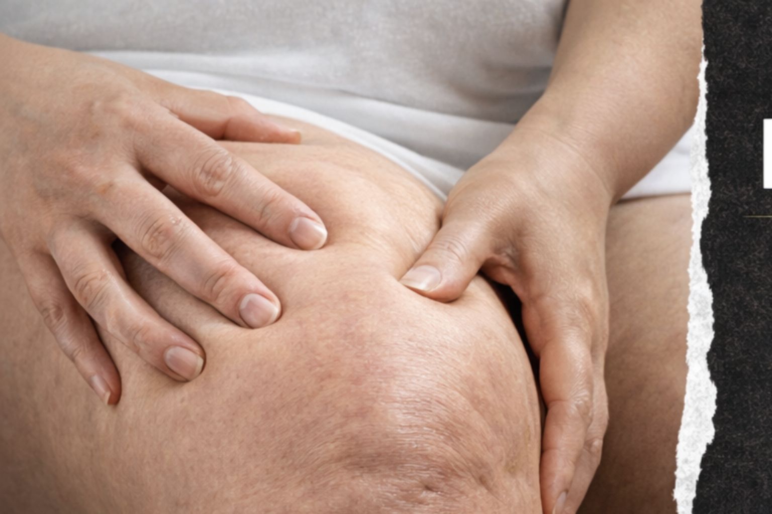 Close-up of a therapist's hands applying focused manual pressure around a client's knee and lower thigh.