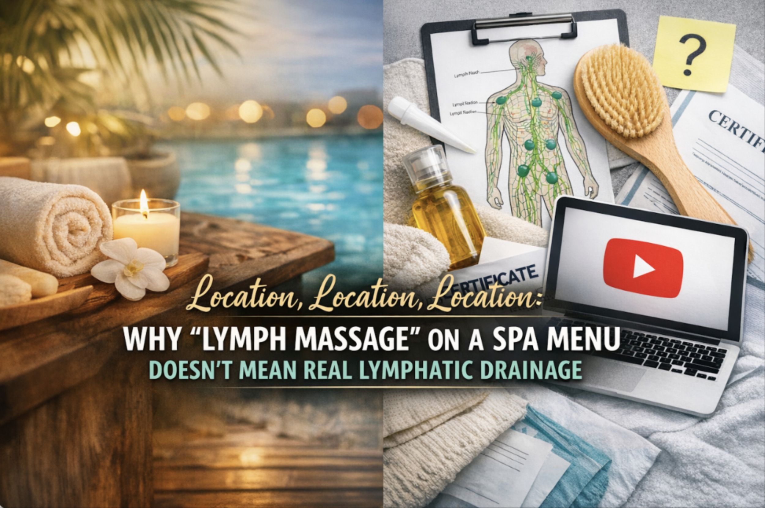 Split graphic comparing a luxury spa scene with lymphatic training materials and a laptop displaying a video icon.