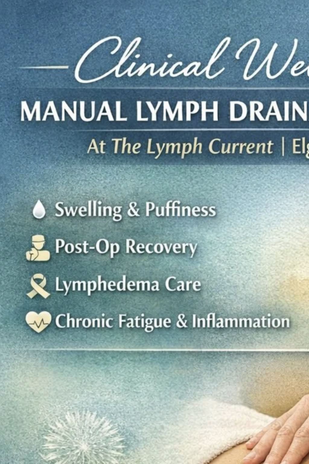 Promotional graphic about Manual Lymph Drainage with service-related icons and a treatment photo.