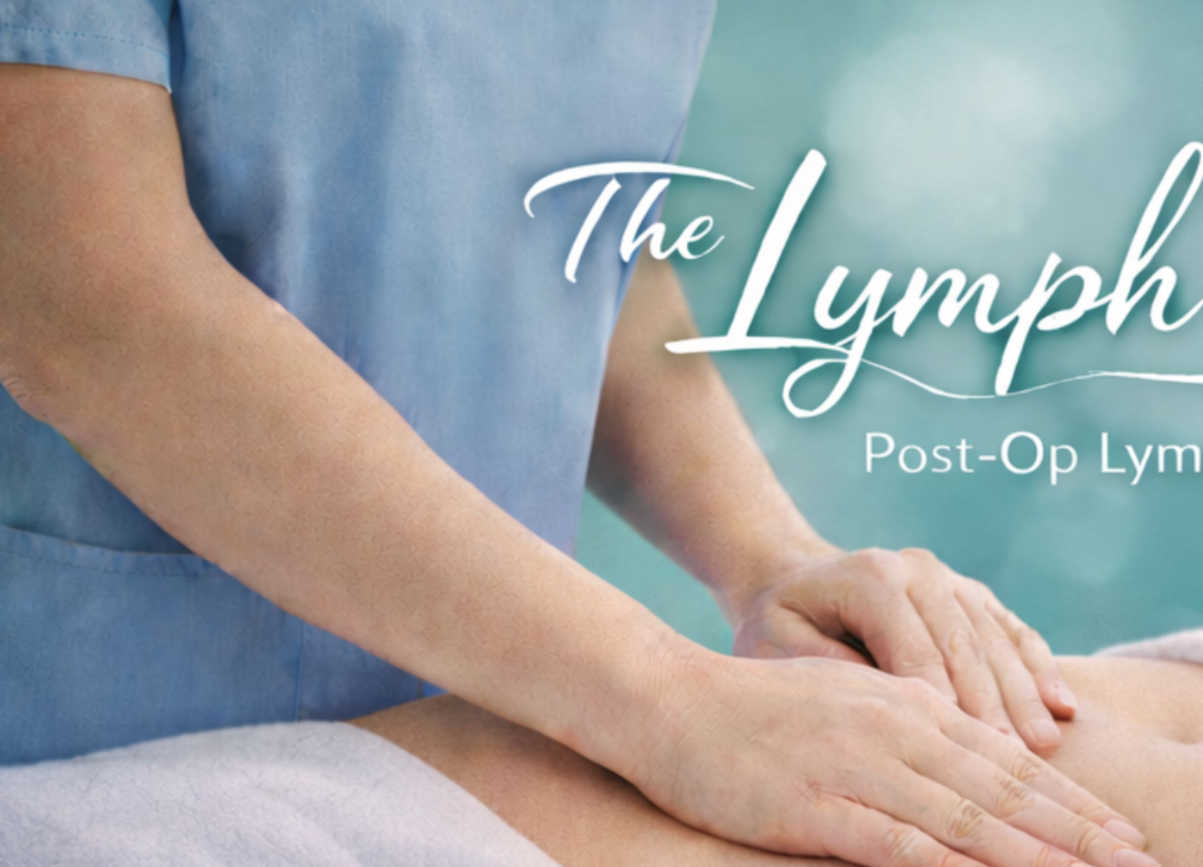 Therapist in blue scrubs using a gentle hands-on technique on a client's lower leg.